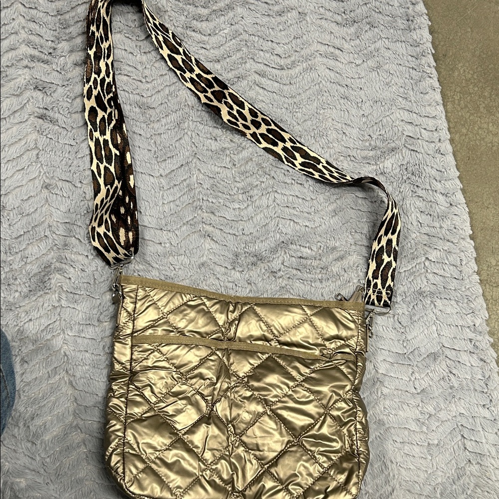Gold Quilted Crossbody Bag with Animal Print Strap